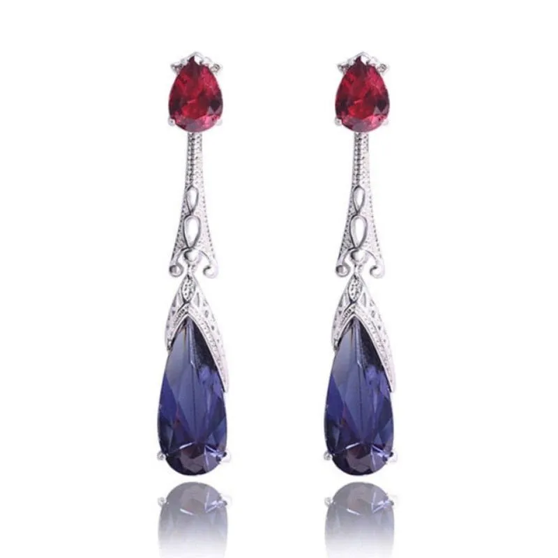 Purple Green Zircon Earrings Long Teardrop For Women  Wedding Jewelry