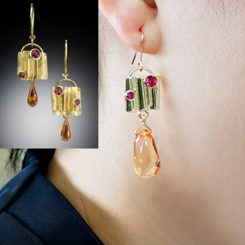 Purple Green Zircon Earrings Long Teardrop For Women  Wedding Jewelry