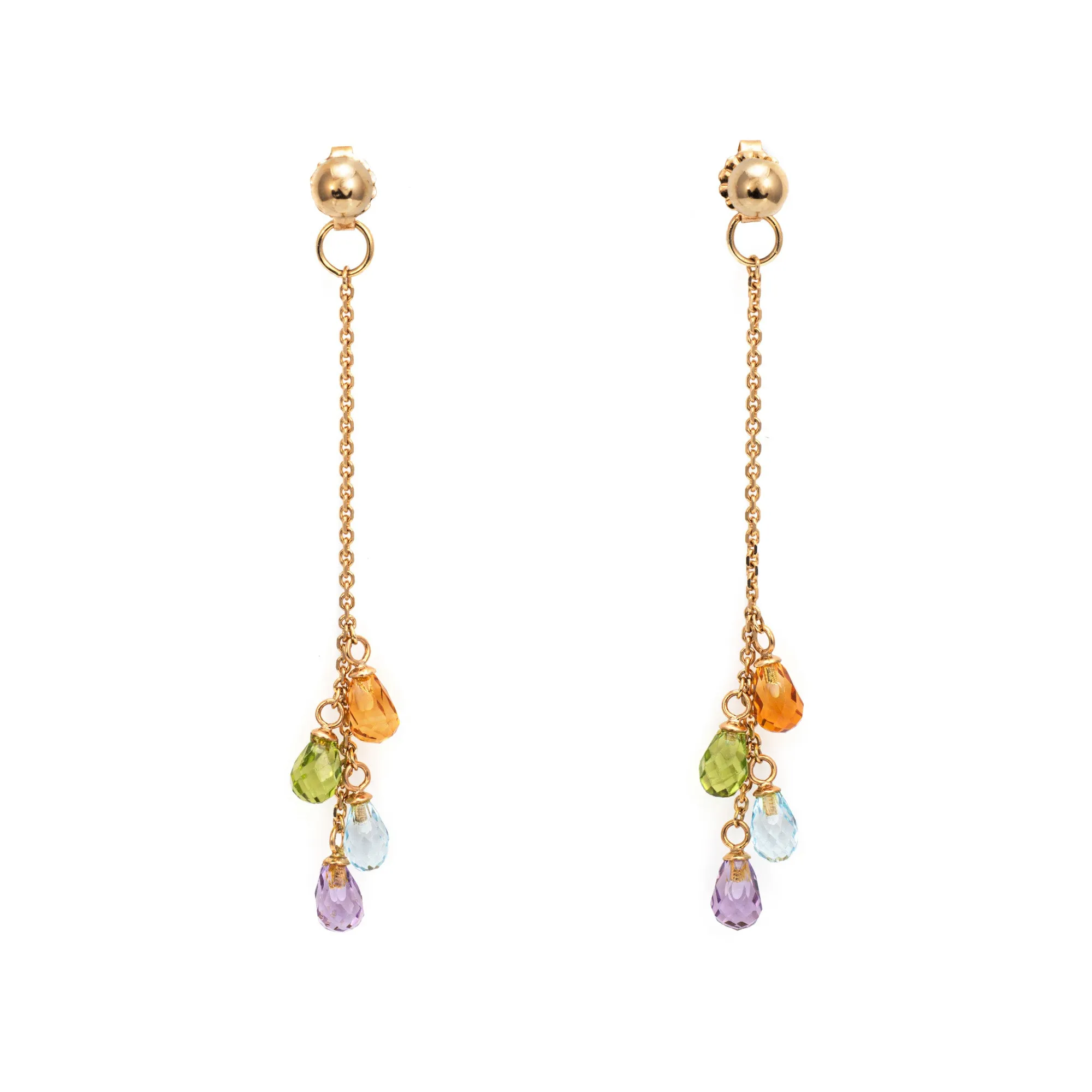 Rainbow Gemstone Earrings 2.5" Drops Estate 14k Yellow Gold Briolette Jewelry
