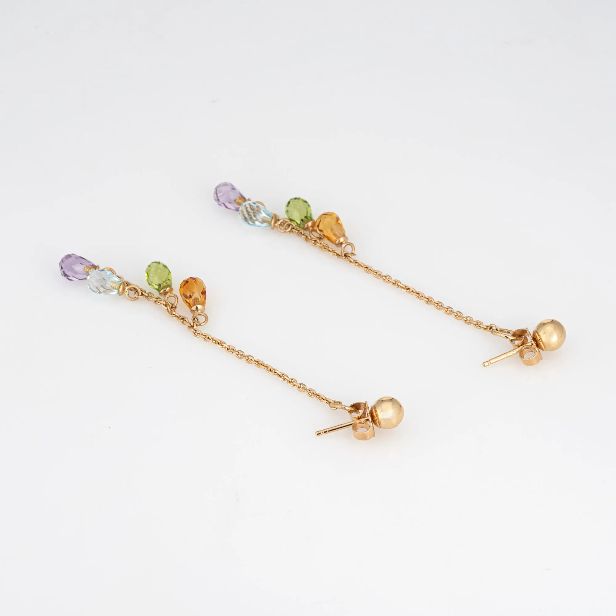 Rainbow Gemstone Earrings 2.5" Drops Estate 14k Yellow Gold Briolette Jewelry