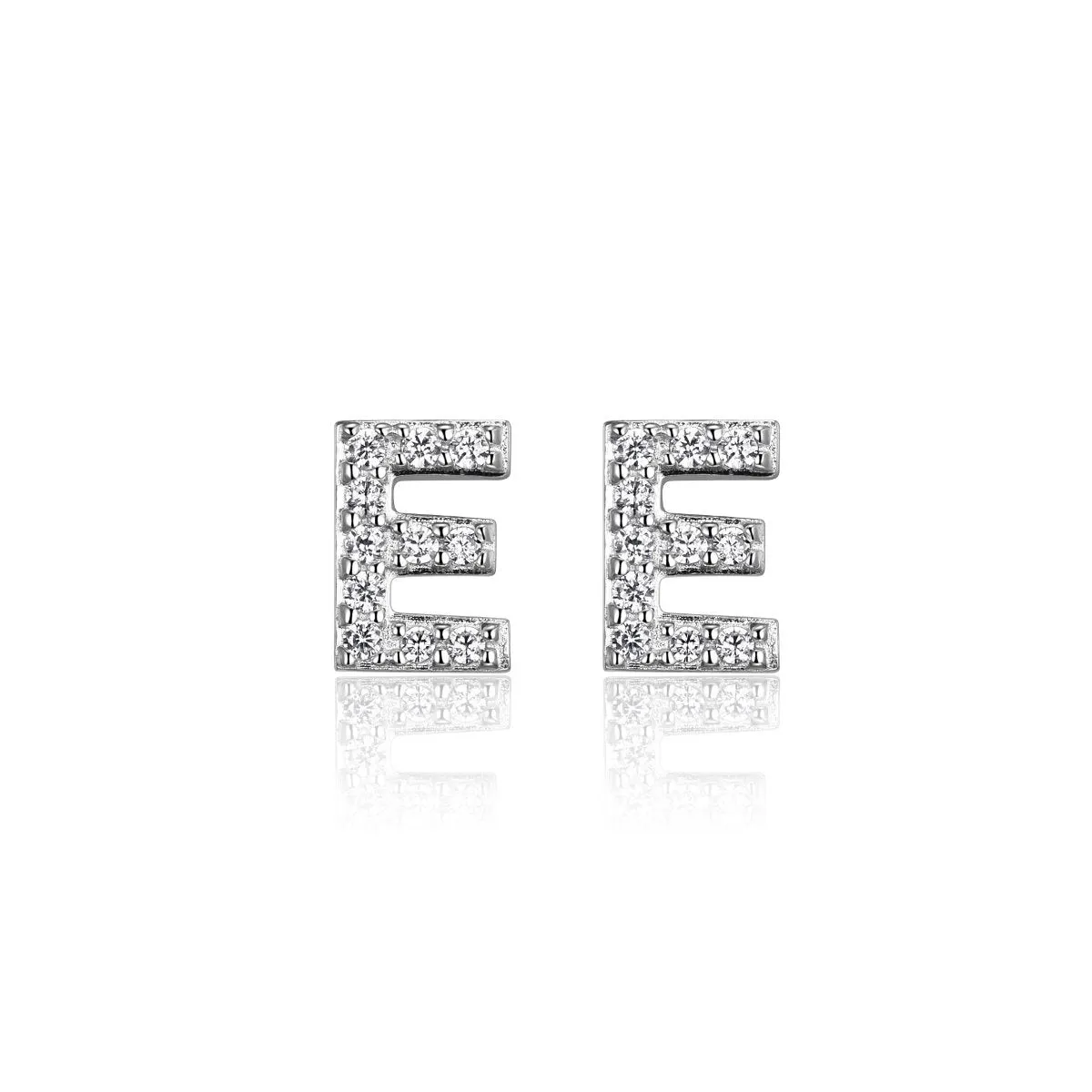 Reign Sterling Silver Rhodium Plated CZ Initial E Stud Earrings