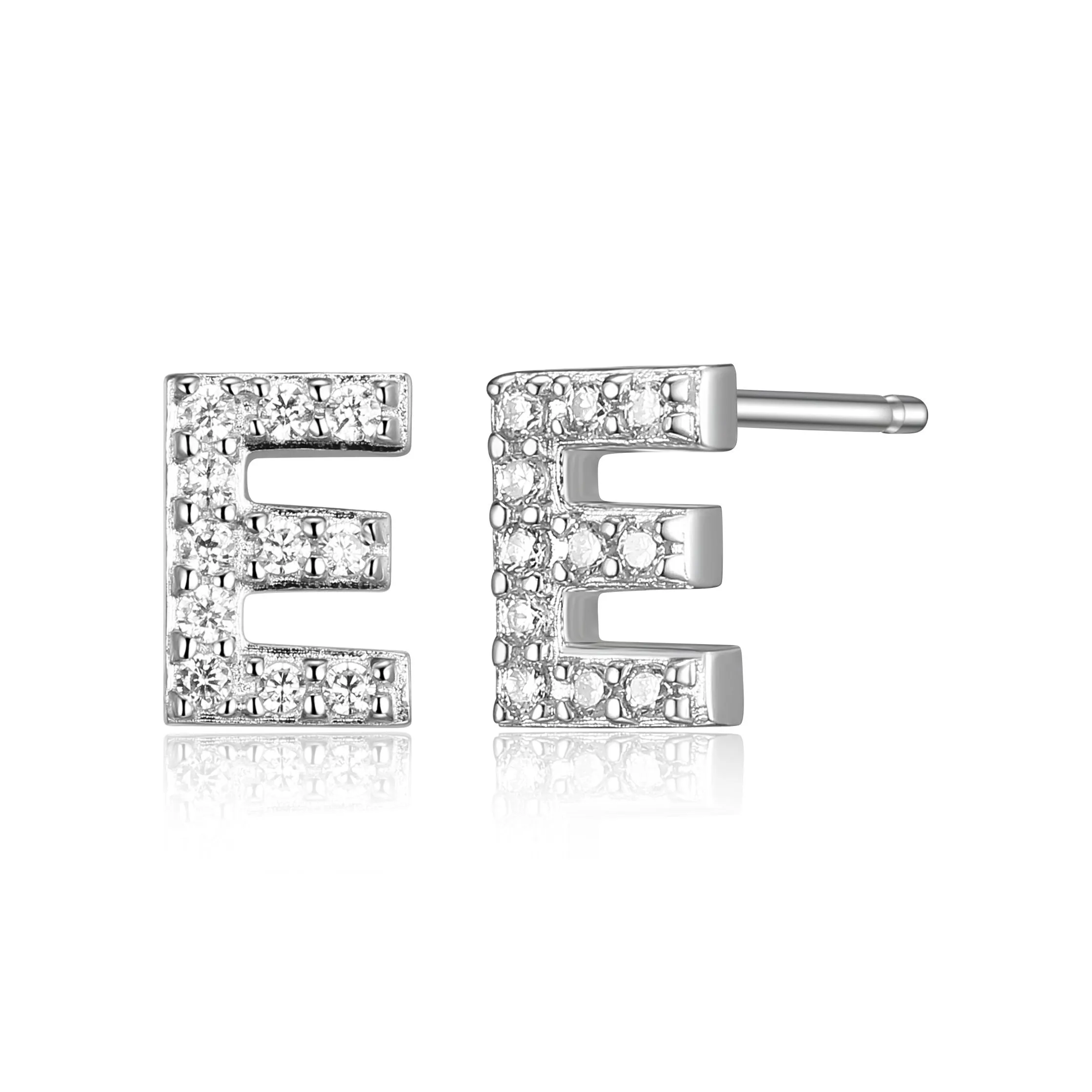 Reign Sterling Silver Rhodium Plated CZ Initial E Stud Earrings