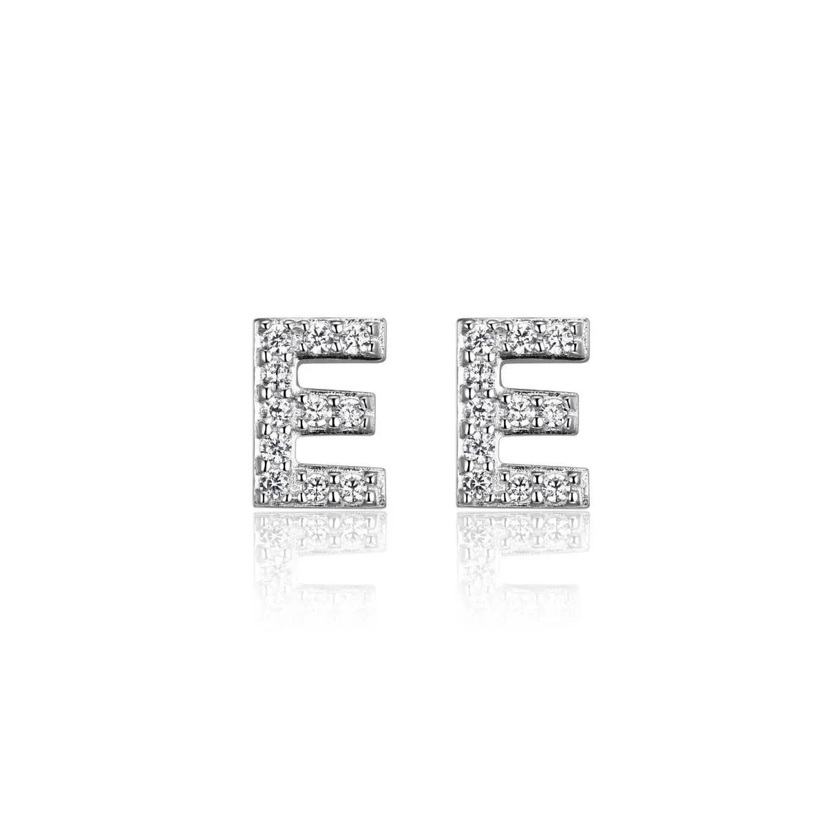 Reign Sterling Silver Rhodium Plated CZ Initial E Stud Earrings