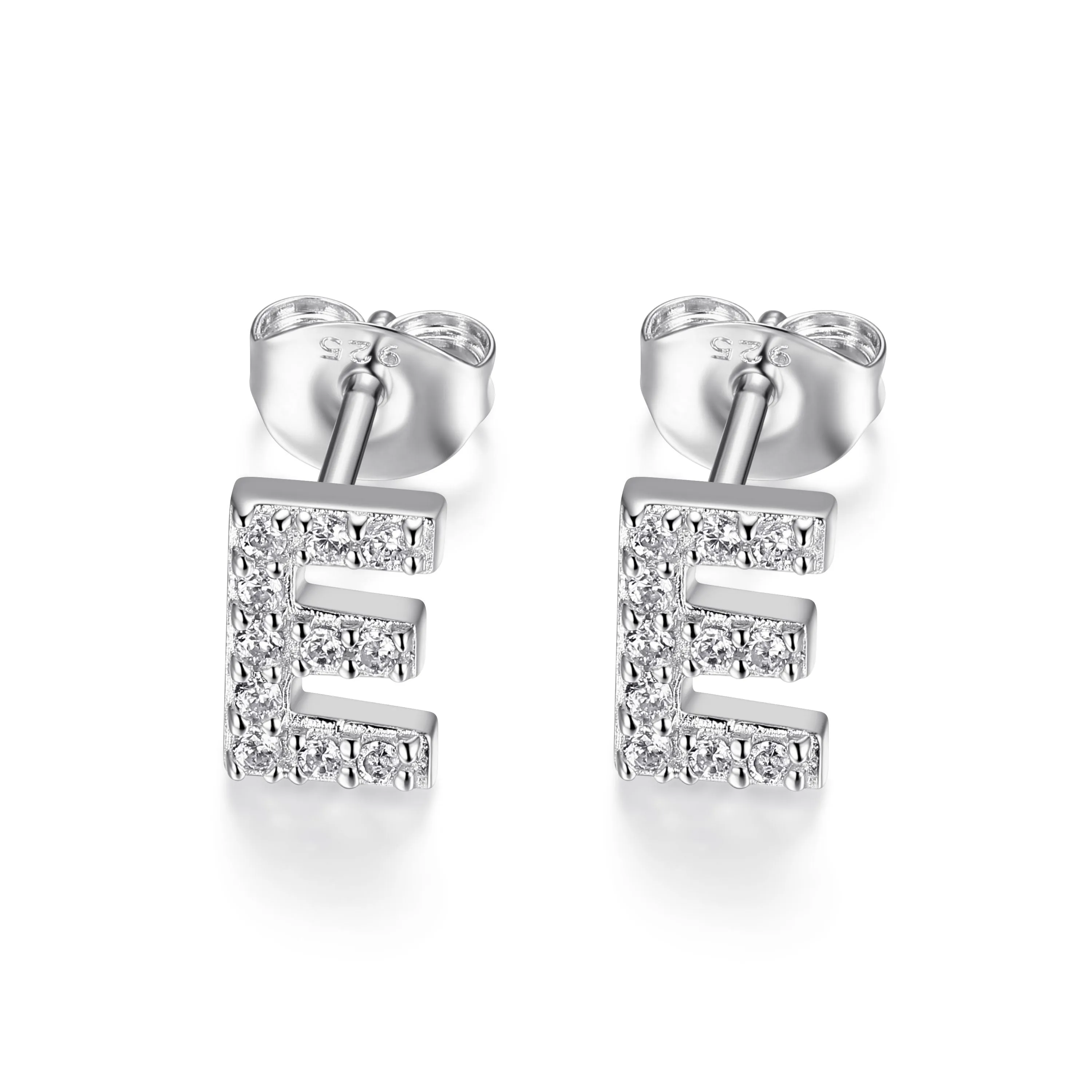 Reign Sterling Silver Rhodium Plated CZ Initial E Stud Earrings
