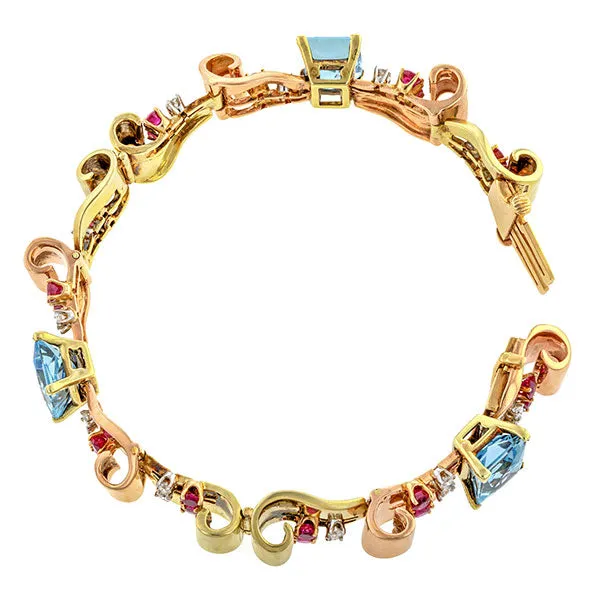 Retro Aquamarine, Ruby & Diamond Two-toned Bracelet