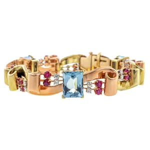 Retro Aquamarine, Ruby & Diamond Two-toned Bracelet