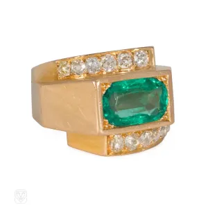 Retro French emerald, diamond, and gold geometric ring