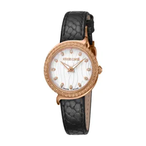 Roberto Cavalli Ladies Watch Black Leather Strap & White Dial With Diamond