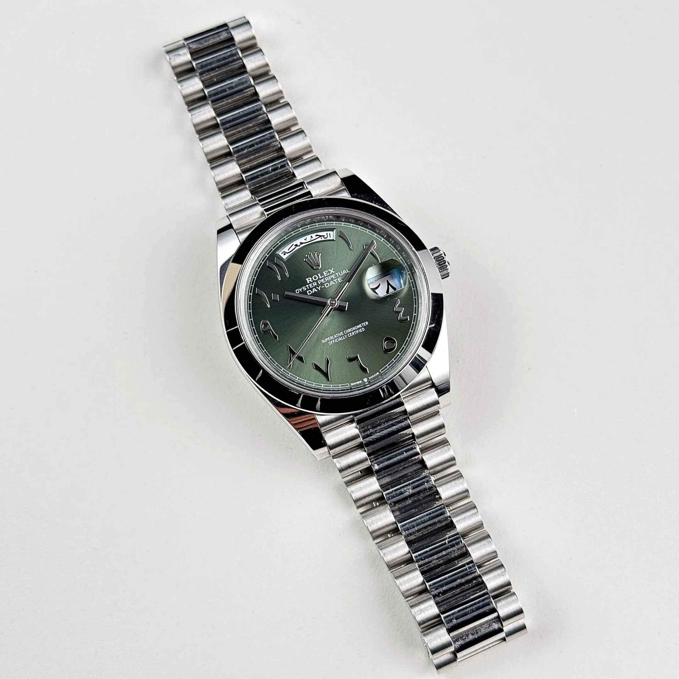 Rolex Day-Date 228206 Platinum  Olive Green Arabic Dial