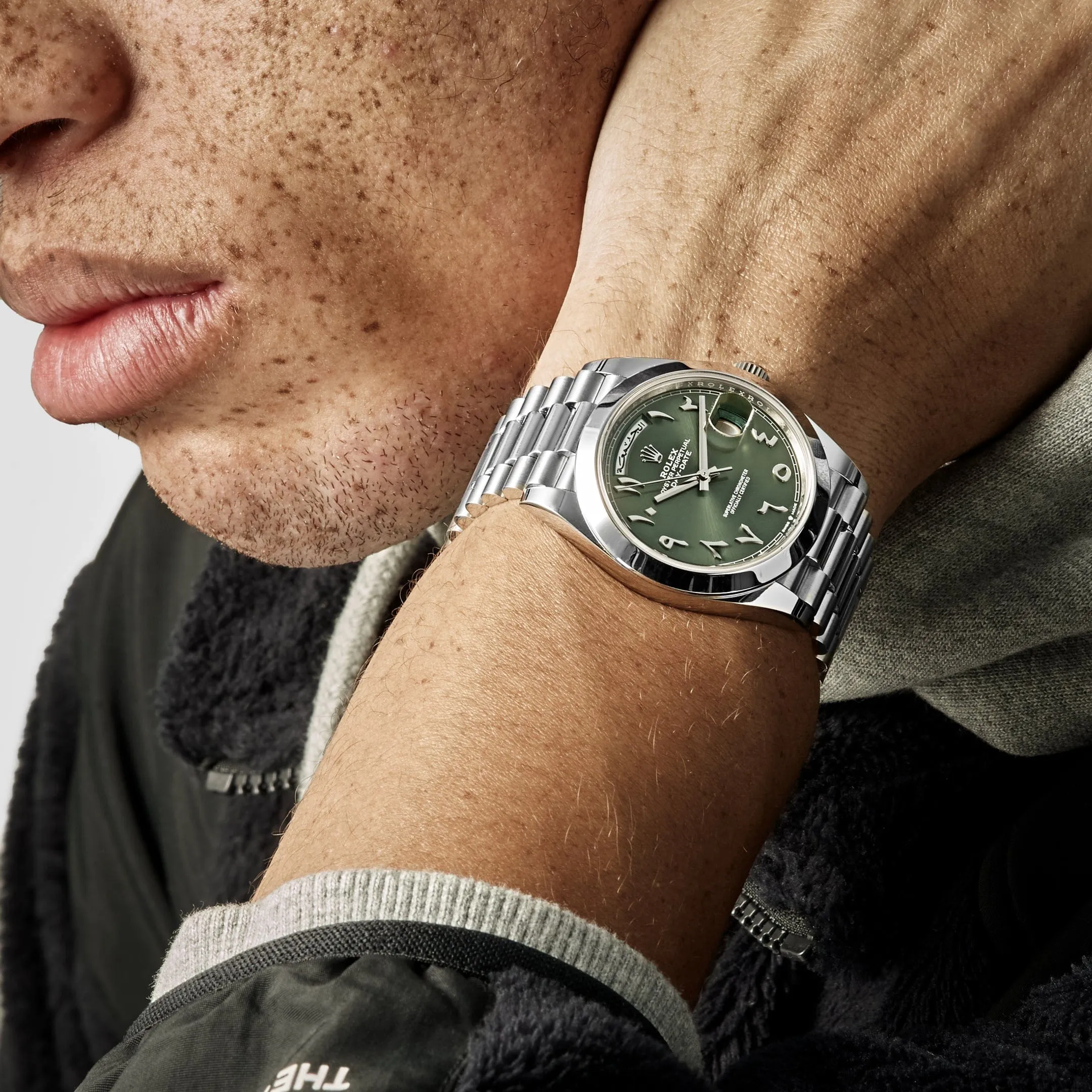 Rolex Day-Date 228206 Platinum  Olive Green Arabic Dial
