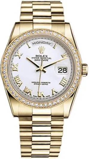 Rolex Day-Date 36 Automatic White Dial Ladies 18kt Yellow Gold President Watch 118348WRP