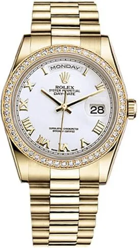 Rolex Day-Date 36 Automatic White Dial Ladies 18kt Yellow Gold President Watch 118348WRP