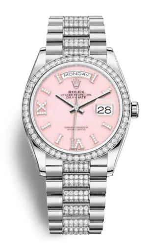 Rolex Day-Date 36 Pink Opal Dial 18kt White Gold Diamond- Set President Watch 128349PRSDDP