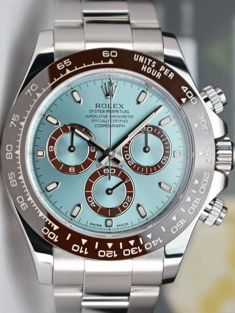 ROLEX Platinum Daytona Ice Blue Dial Chestnut Brown Bezel Model 116506