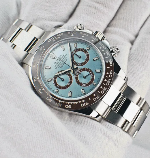 ROLEX Platinum Daytona Ice Blue Dial Chestnut Brown Bezel Model 116506