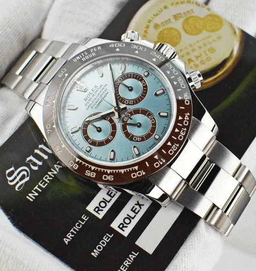 ROLEX Platinum Daytona Ice Blue Dial Chestnut Brown Bezel Model 116506