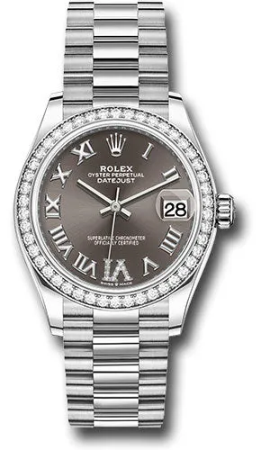 Rolex White Gold Datejust 31 Watch - Diamond Bezel - Dark Grey Diamond Roman Dial - President Bracelet - 278289rbr dkgdr6p