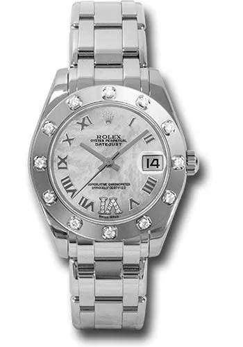 Rolex White Gold Datejust Pearlmaster 34 Watch - 12 Diamond Bezel - White Mother-Of-Pearl Roman Dial - 81319 mdr