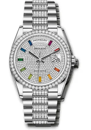 Rolex White Gold Day-Date 36 Watch - Diamond Bezel - Diamond-Paved Dial - Diamond President Bracelet - 128349rbr dprsdp