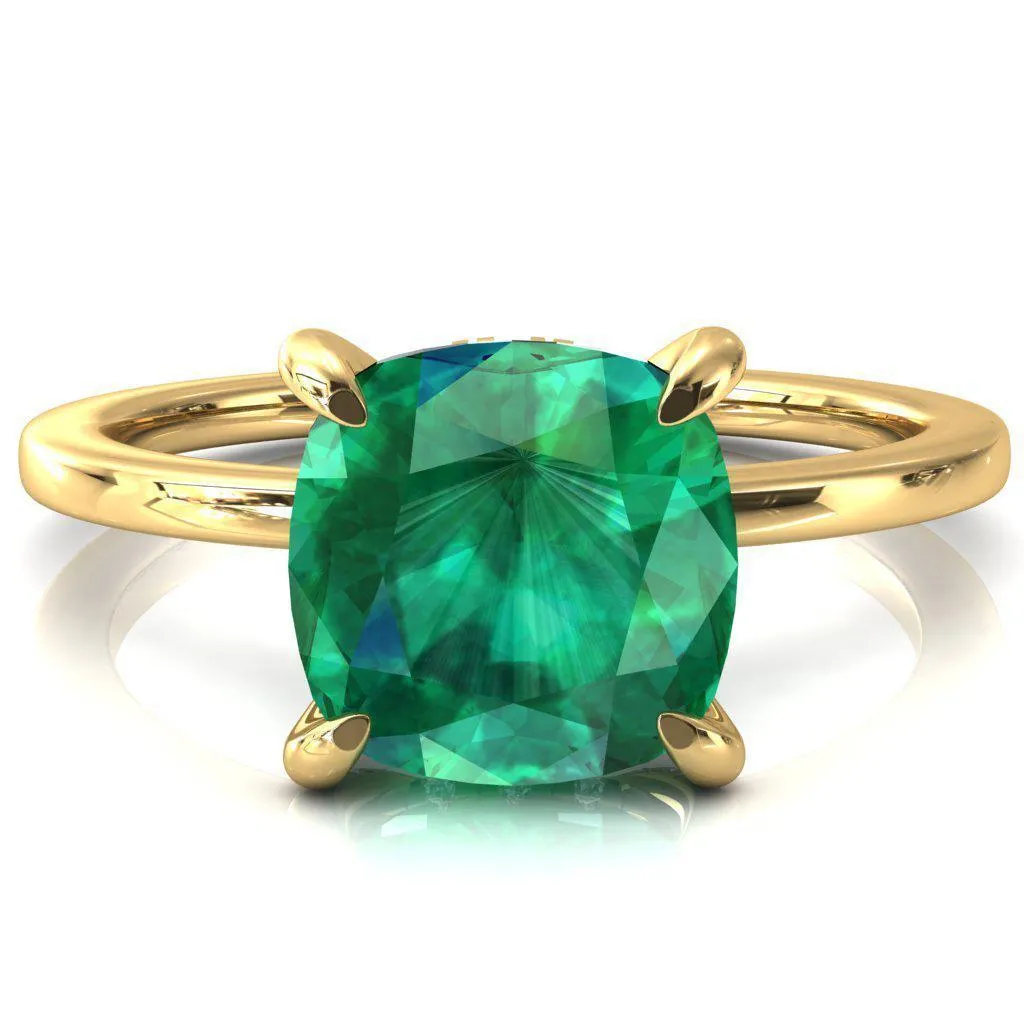 Rosy Cushion Emerald 4 Claw Prong Single Rail Micropave Engagement Ring