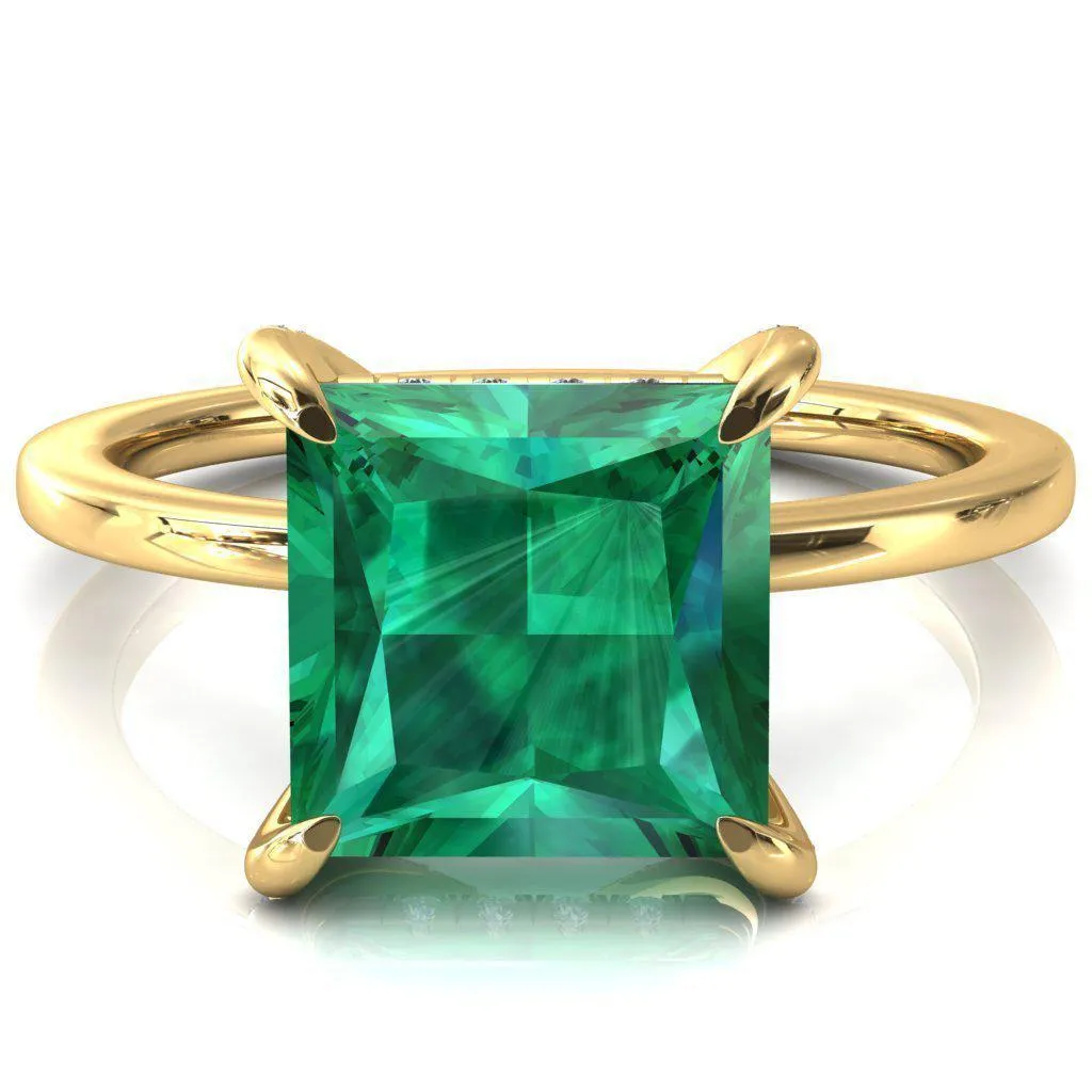 Rosy Princess Emerald 4 Claw Prong Single Rail Micropave Engagement Ring