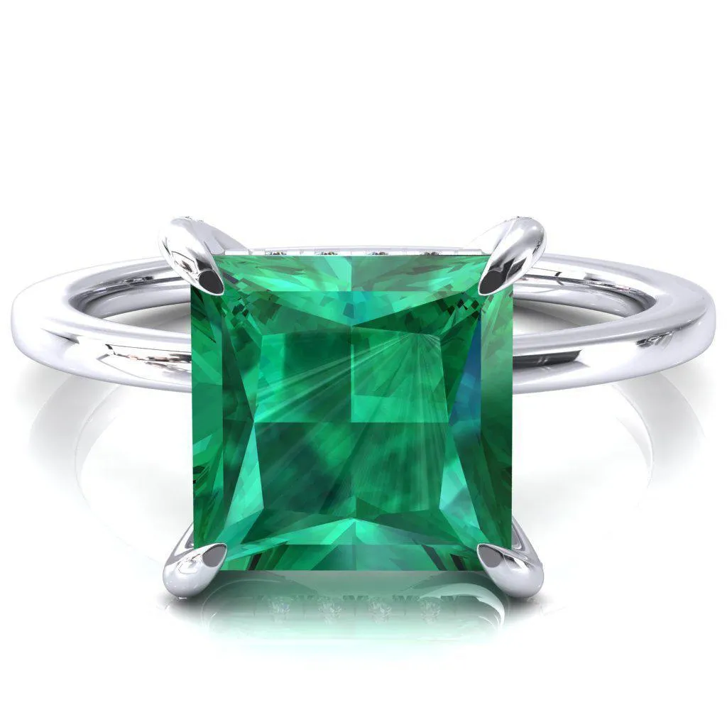 Rosy Princess Emerald 4 Claw Prong Single Rail Micropave Engagement Ring