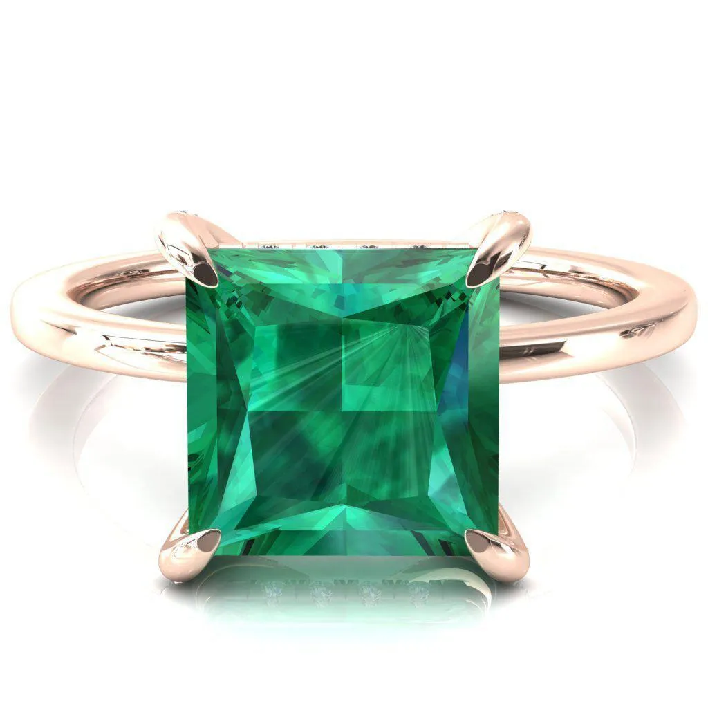 Rosy Princess Emerald 4 Claw Prong Single Rail Micropave Engagement Ring