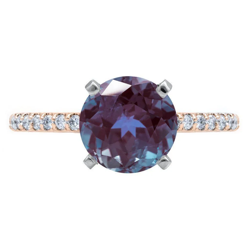 Round Alexandrite 4 Prongs Diamond Accent Ice Cathedral Solitaire Ring