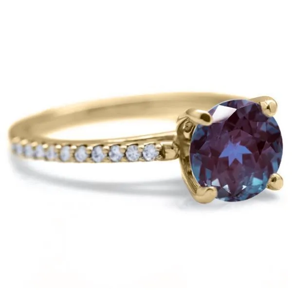 Round Alexandrite 4 Prongs Diamond Accent Ice Cathedral Solitaire Ring