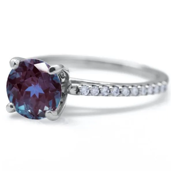 Round Alexandrite 4 Prongs Diamond Accent Ice Cathedral Solitaire Ring
