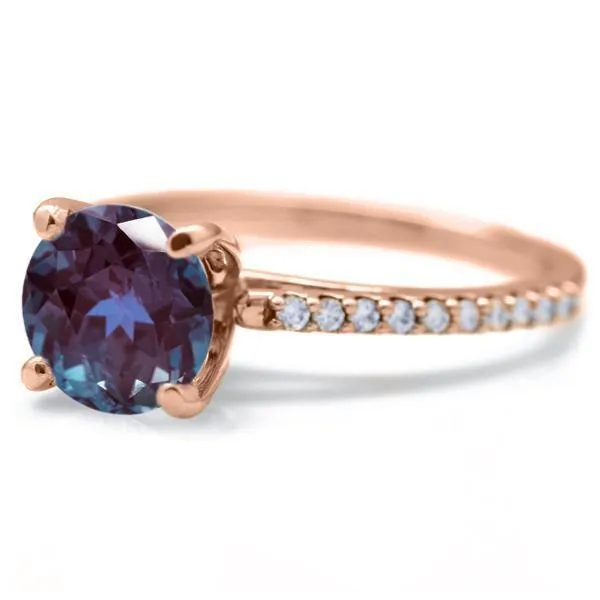 Round Alexandrite 4 Prongs Diamond Accent Ice Cathedral Solitaire Ring