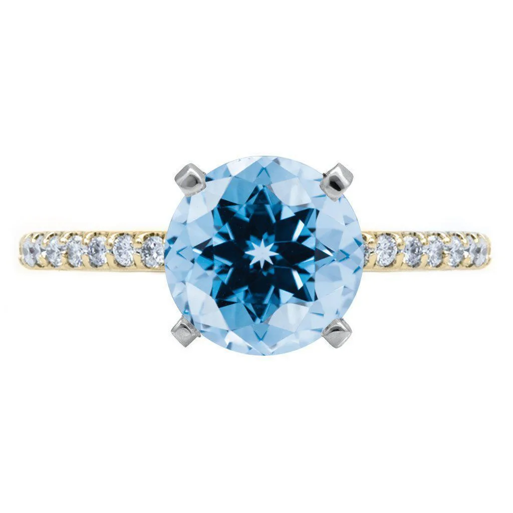 Round Aqua Blue Spinel 4 Prongs Diamond Accent Ice Cathedral Solitaire Ring