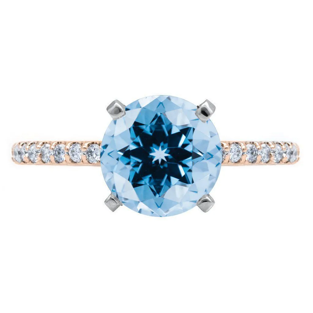 Round Aqua Blue Spinel 4 Prongs Diamond Accent Ice Cathedral Solitaire Ring