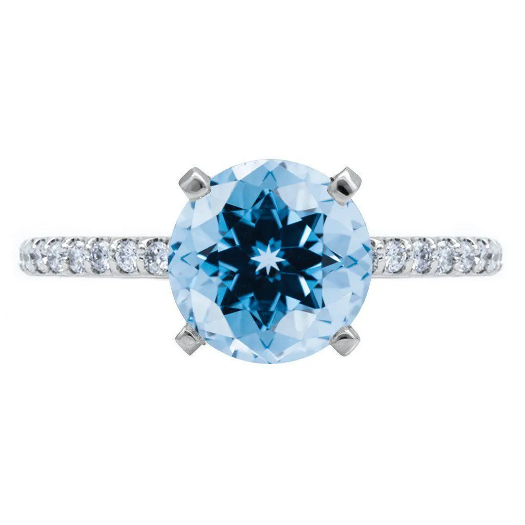 Round Aqua Blue Spinel 4 Prongs Diamond Accent Ice Cathedral Solitaire Ring