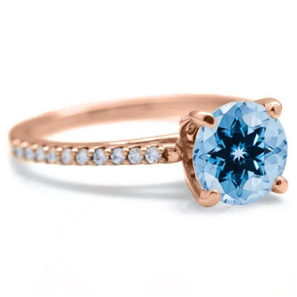 Round Aqua Blue Spinel 4 Prongs Diamond Accent Ice Cathedral Solitaire Ring