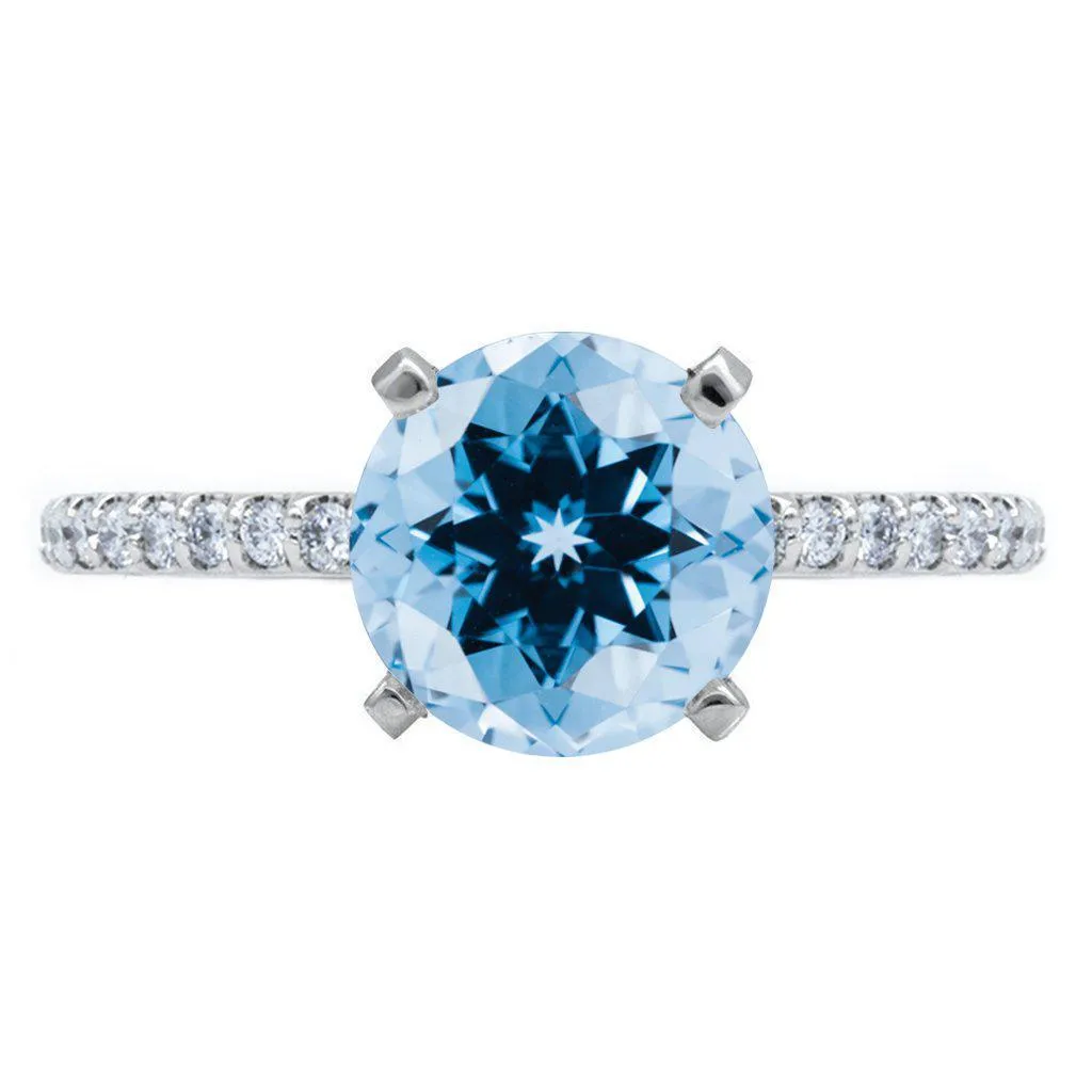 Round Aqua Blue Spinel 4 Prongs Diamond Accent Ice Solitaire Ring