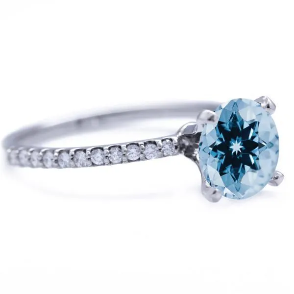 Round Aqua Blue Spinel 4 Prongs Diamond Accent Ice Solitaire Ring