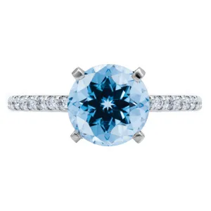 Round Aqua Blue Spinel 4 Prongs Diamond Accent Ice Solitaire Ring