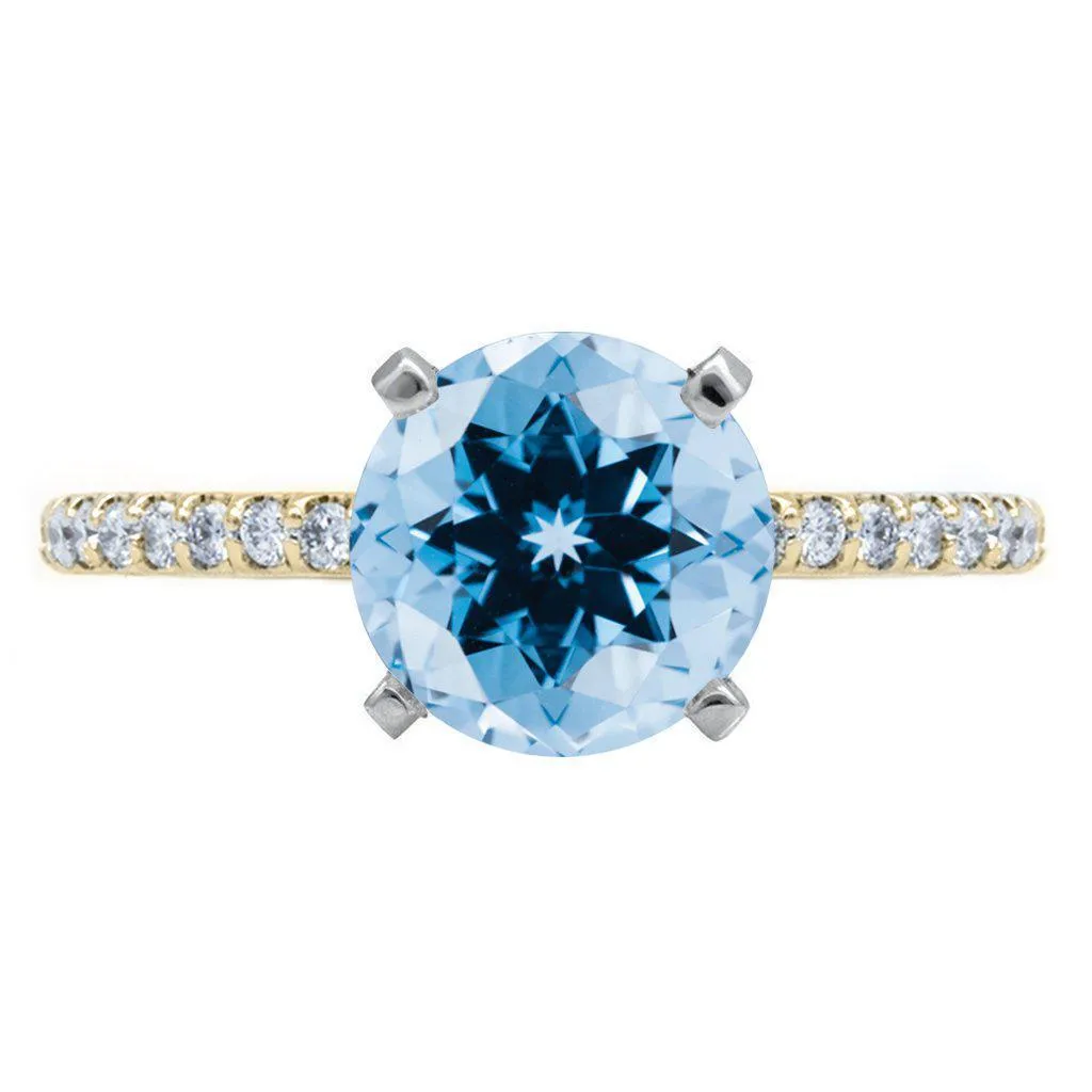 Round Aqua Blue Spinel 4 Prongs Diamond Accent Ice Solitaire Ring