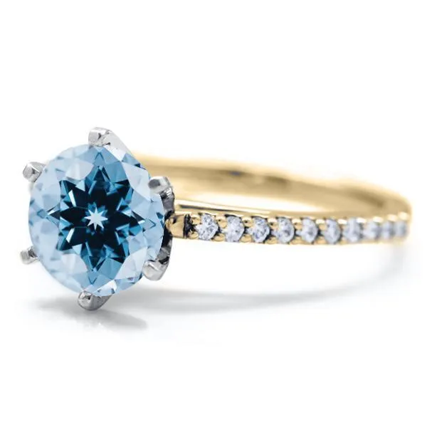 Round Aqua Blue Spinel 6 Prongs Diamond Accent Ice Cathedral Solitaire Ring