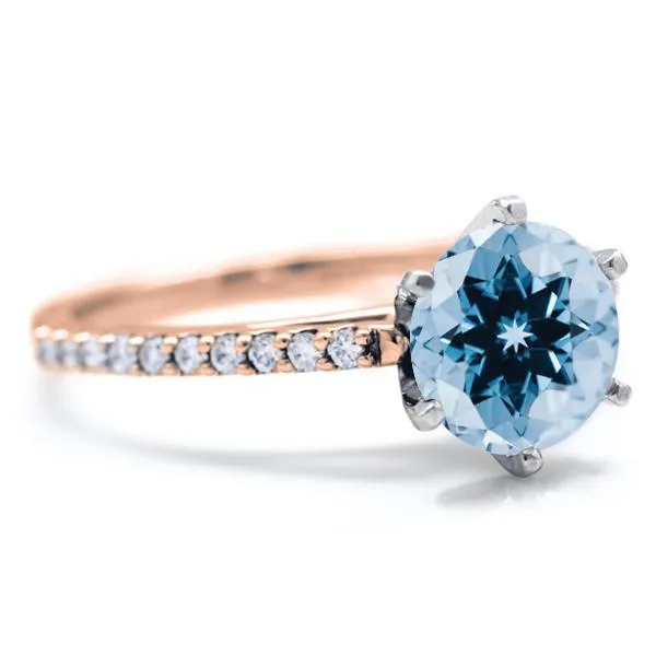 Round Aqua Blue Spinel 6 Prongs Diamond Accent Ice Cathedral Solitaire Ring