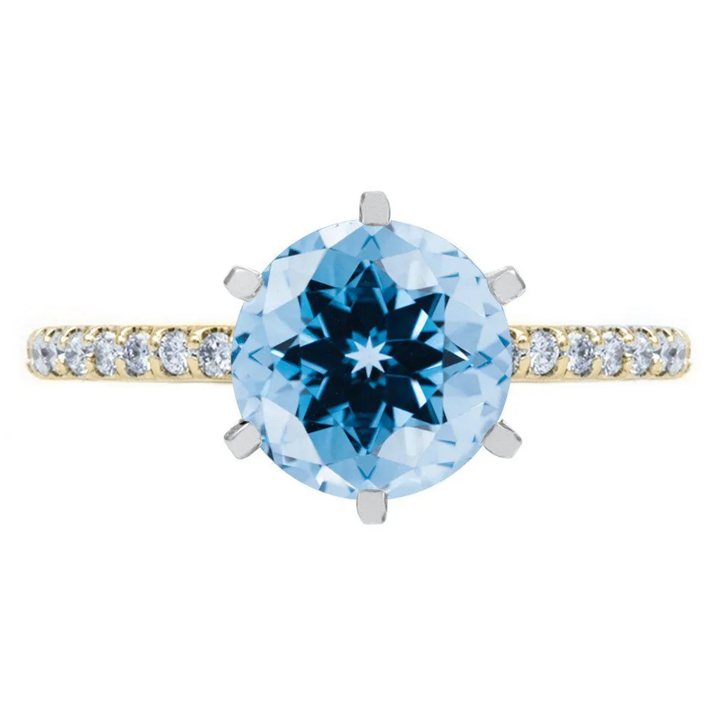 Round Aqua Blue Spinel 6 Prongs Diamond Accent Ice Cathedral Solitaire Ring