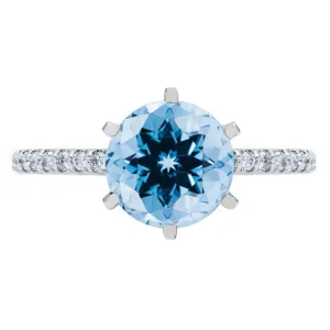 Round Aqua Blue Spinel 6 Prongs Diamond Accent Ice Cathedral Solitaire Ring