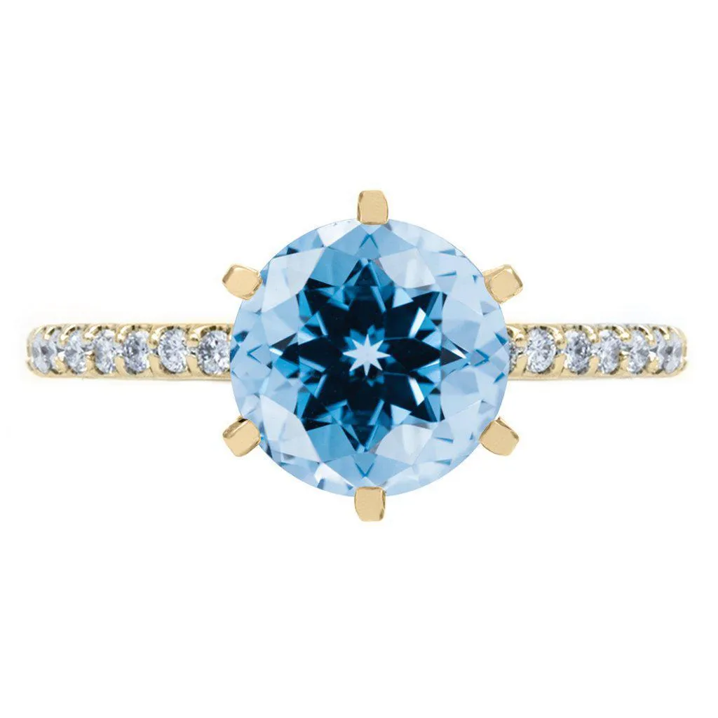 Round Aqua Blue Spinel 6 Prongs Diamond Accent Ice Cathedral Solitaire Ring