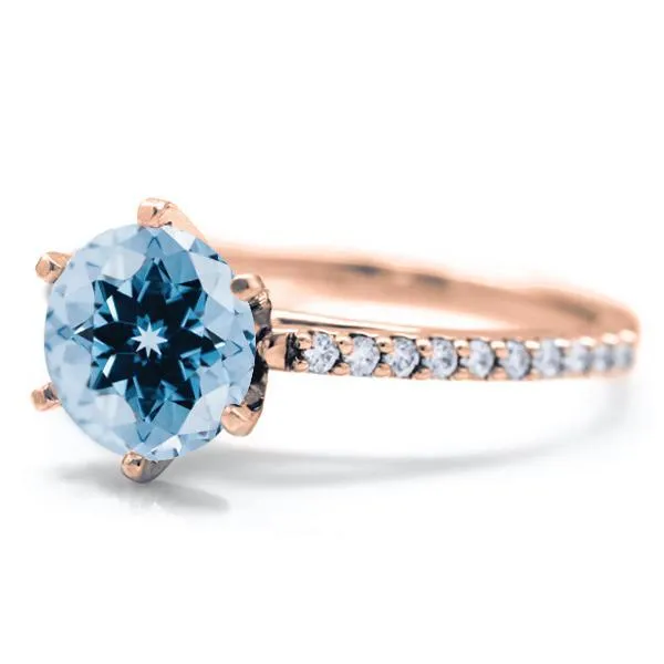 Round Aqua Blue Spinel 6 Prongs Diamond Accent Ice Cathedral Solitaire Ring