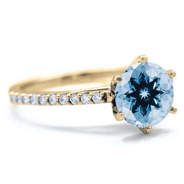 Round Aqua Blue Spinel 6 Prongs Diamond Accent Ice Cathedral Solitaire Ring