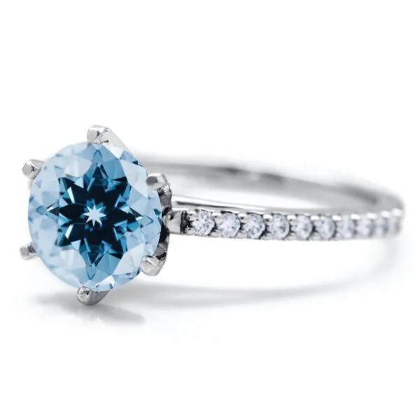Round Aqua Blue Spinel 6 Prongs Diamond Accent Ice Cathedral Solitaire Ring