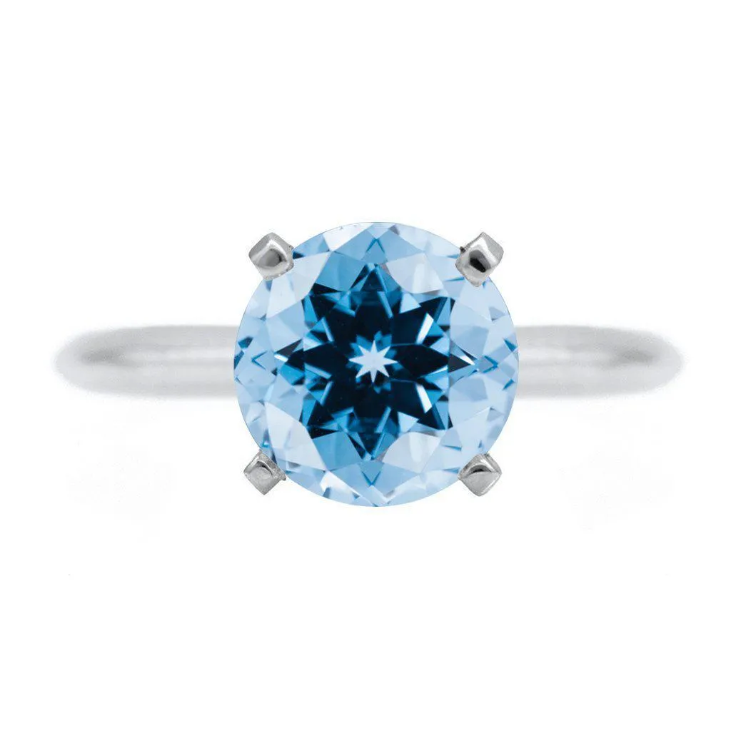 Round Aqua Blue Spinel Platinum 4 Prongs Solitaire Ring
