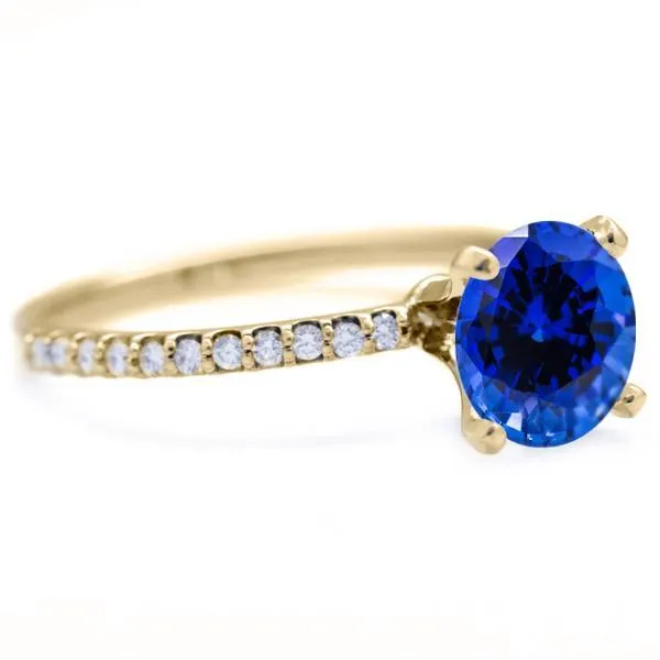 Round Blue Sapphire 4 Prongs Diamond Accent Ice Solitaire Ring
