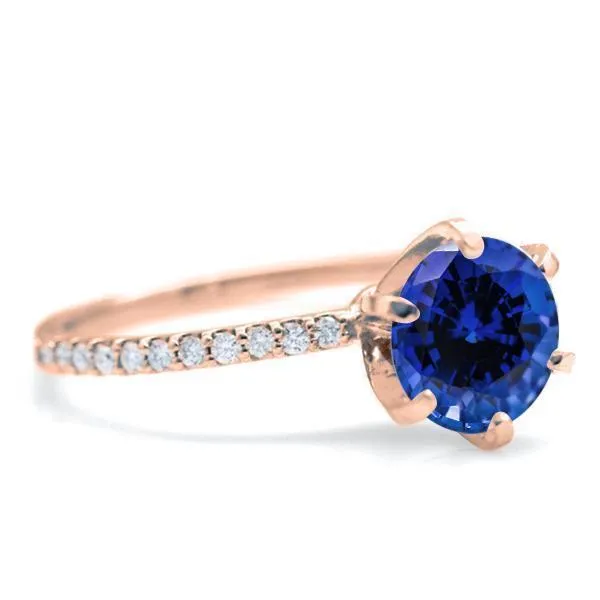 Round Blue Sapphire 4 Prongs Diamond Accent Ice Solitaire Ring